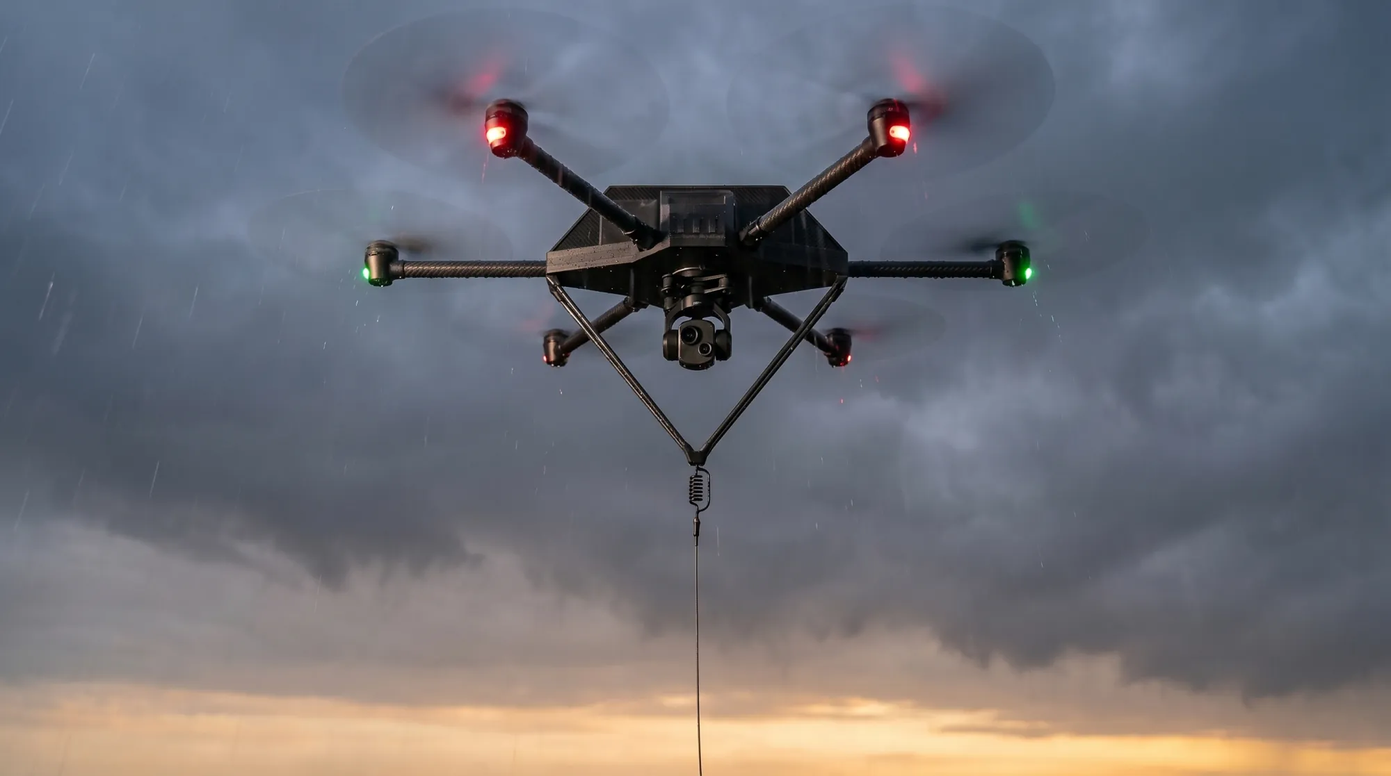 Apus 100 holding station in light rain at dusk