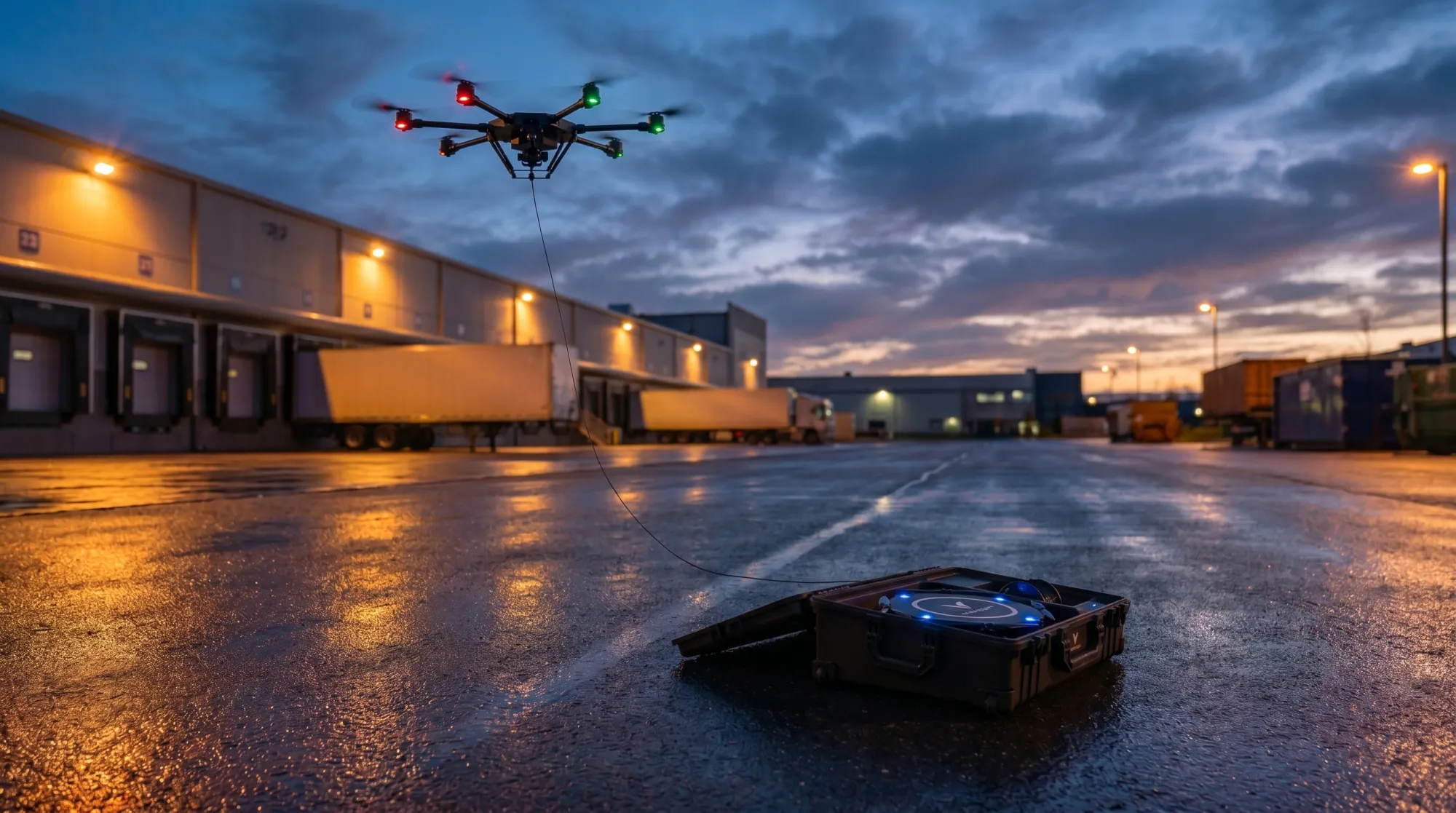 Apus 100 on its tether above the open ground station at a warehouse yard at dusk