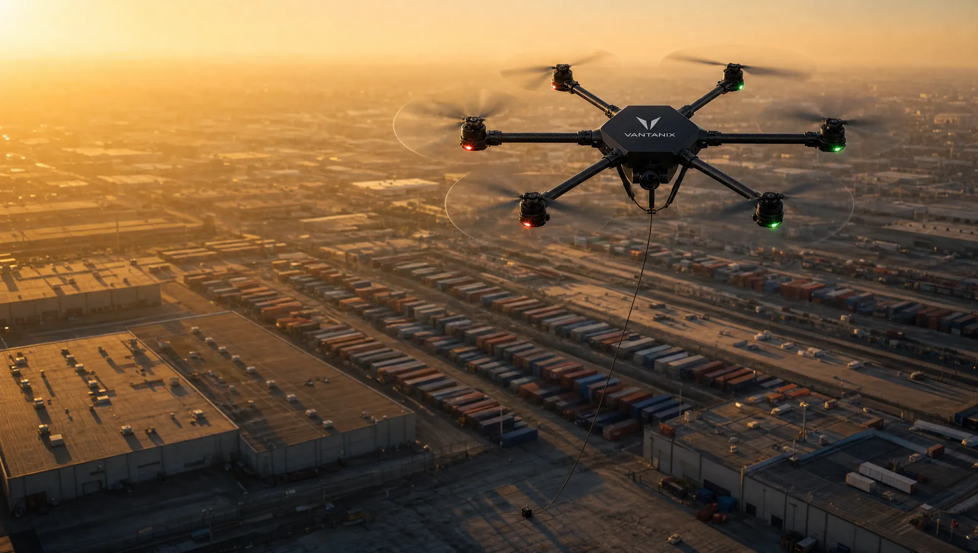 Apus 100 on station over a logistics yard at golden hour