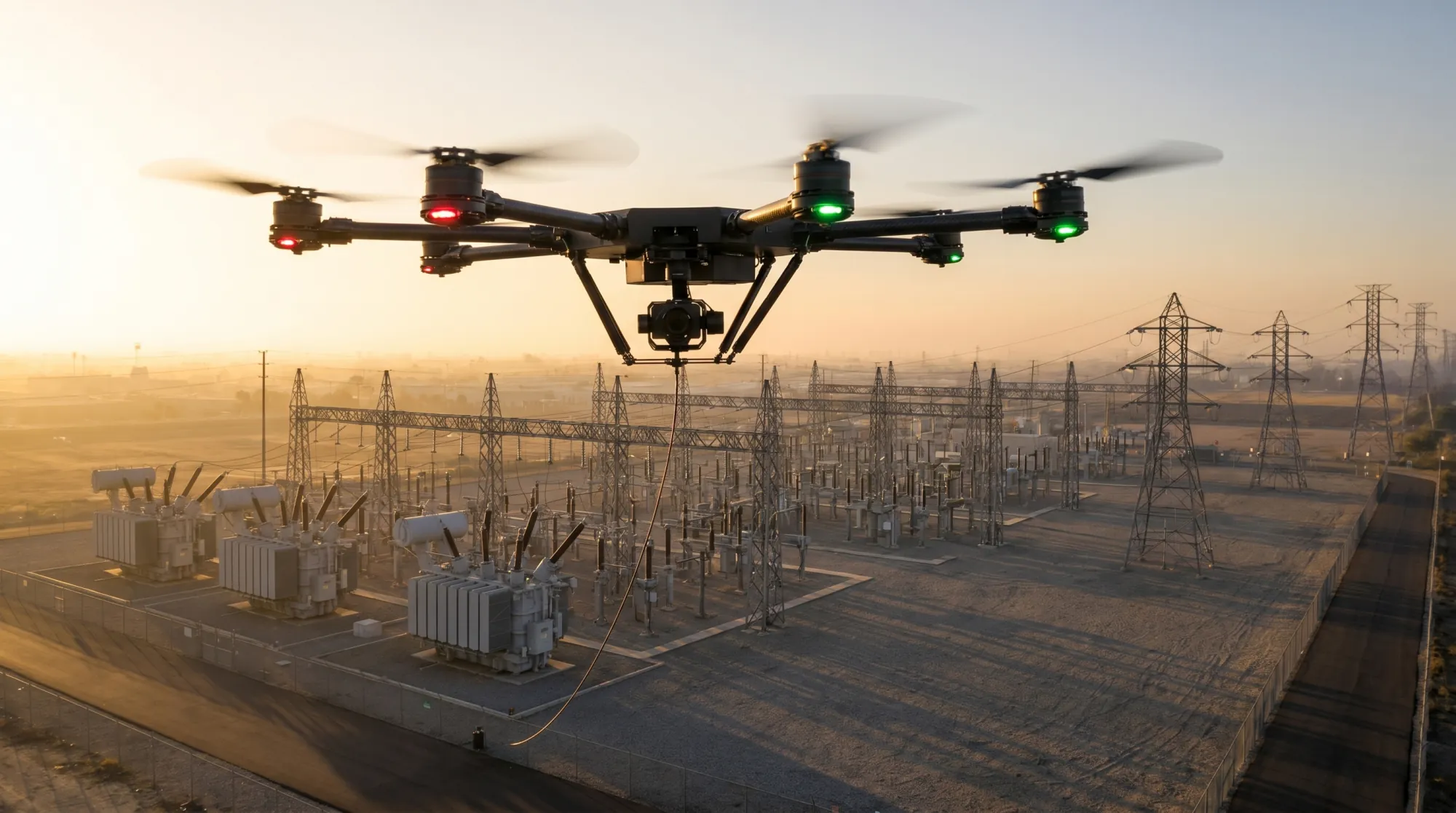 Apus 100 holding station over an electrical substation at golden hour