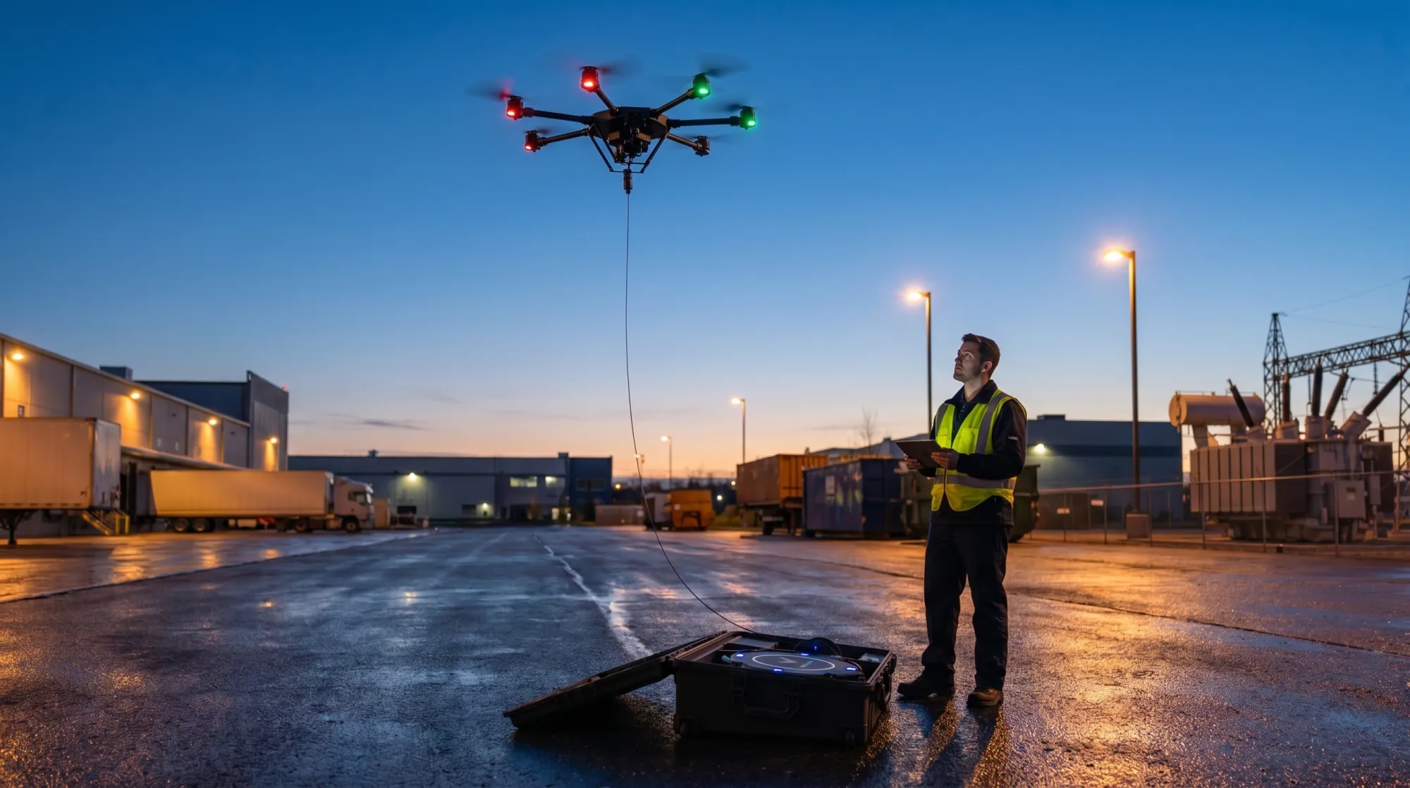 An operator with a tablet beside the open ground station, Apus 100 on station above