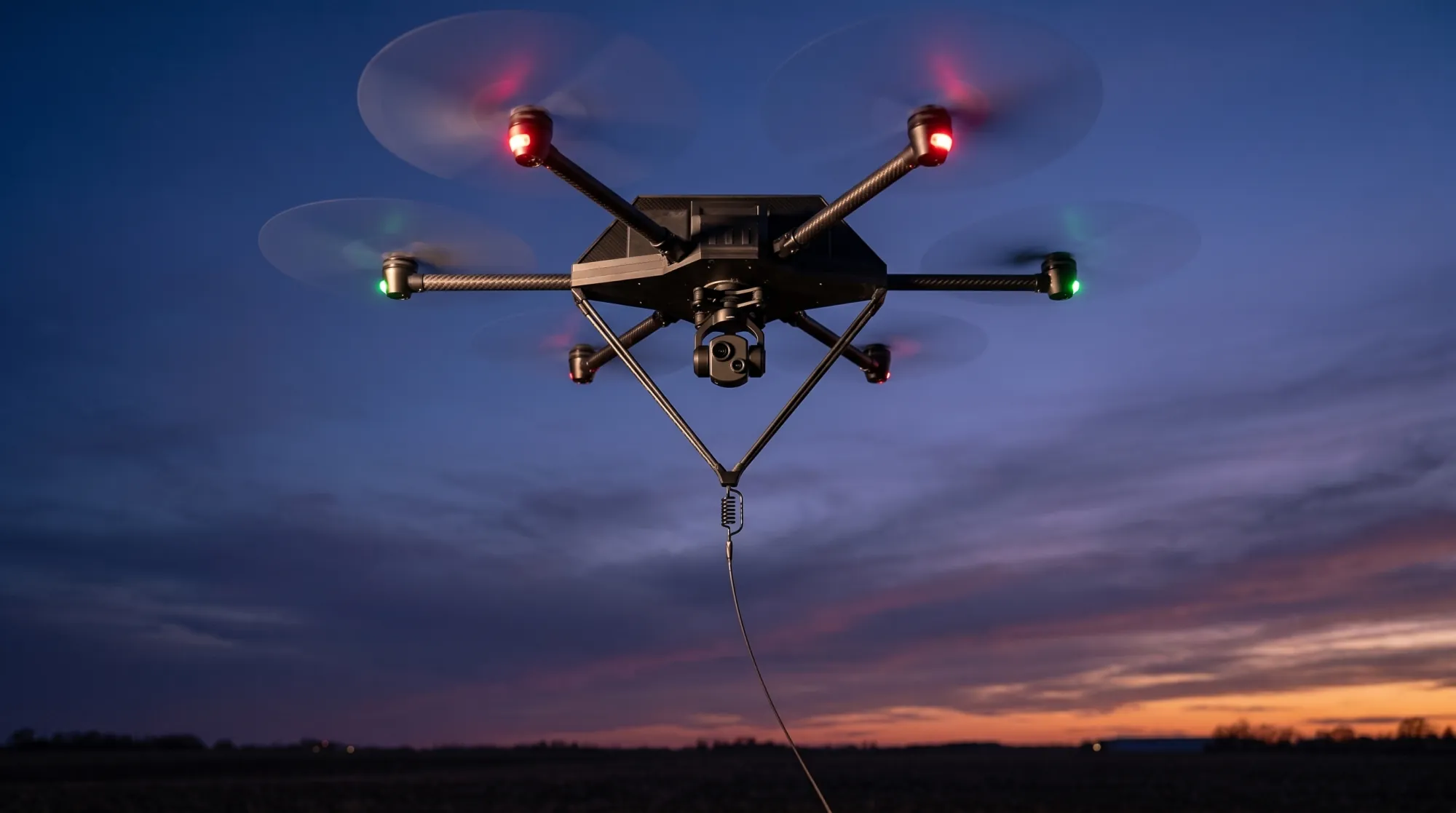 Apus 100 from below: camera gimbal and tether against the dusk sky